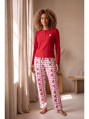 Bony Socks Kadın Dear Santa Ekoseli Pijama Takımı Kırmızı