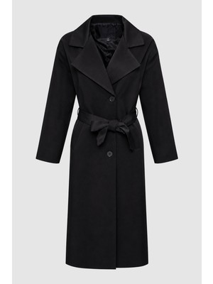 Thalure Kadın Siyah Oversize Kuşaklı Trençkot