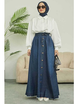 Neways 2215-DENIM Mevlana Düğmeli Etek Koyu Mavi