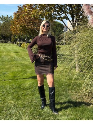 Harmony Fashion Kadın Kahverengi Dantel Detaylı Mini Etek