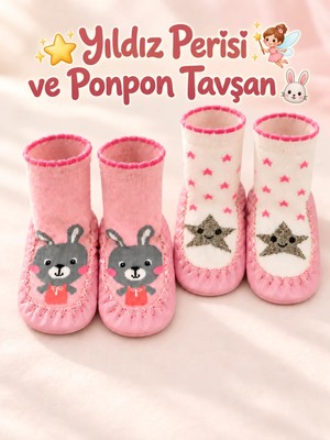 Bermody 2'lü Kaydırmaz Deri Taban Rahat Bebek Çocuk Çarık Soket Çorap Patik Panduf Ev Anaokulu Ayakkabısı
