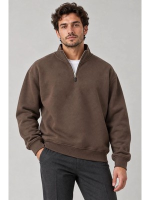 Zamerya Erkek Üç Iplik Içi Şardonlu Dik Yaka Yarım Fermuarlı Kışlık Sweatshirt - Kahverengi