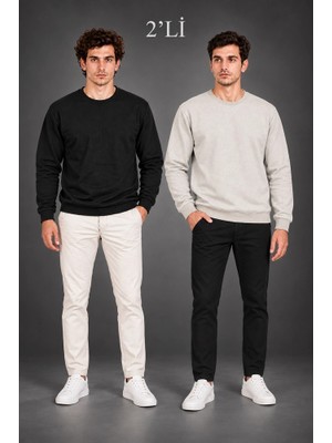 Zamerya Erkek 2'li Bisiklet Yaka Içi Şardonlu 2 Iplik Düz Uzun Kollu Regular Fit Sweatshirt - Siyah & Gri