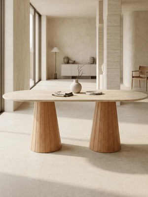 Miarik Design Yuvve- Ahşap Huni Ayaklı Traverten Mermer Yemek Masas