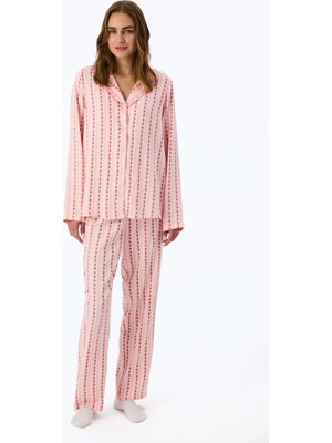 Penti Açık Pembe Chloe Çiçekli Fırfırlı Uzun Kollu Gömlek Pantolon Pijama Takımı