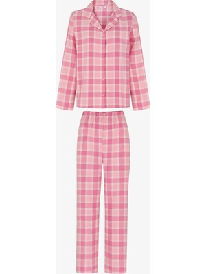 Penti Pembe Cozy Pink Pamuklu Checked Ekoseli Uzun Kollu Düğmeli Gömlek Pantolon Pijama Takımı