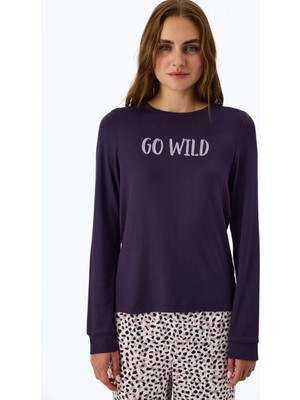 Penti Mor Midnight Mood Slogan Desenli Uzun Kollu Tişört Pijama Üstü