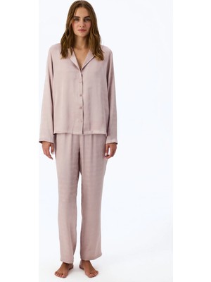 Penti Pastel Pembe Romantik Saten Slogan Desenli Uzun Kollu Gömlek Pantolon Pijama Takımı