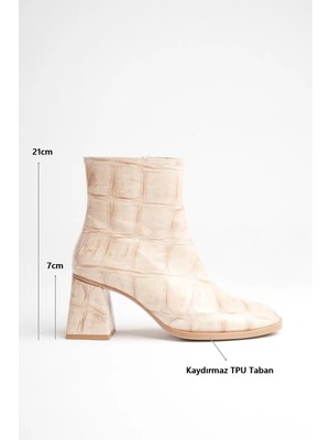 Zerenyus ZRT08MK03 Premium Kadın Kroko Bej Kışlık 7 cm Kalın Topuklu Bot