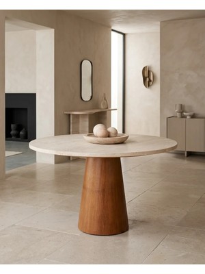 Miarik Design Yuvarlak Ahşap Huni Ayak Traverten Tabla Flaubert Mermer Yemek Masası