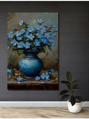 Çetin Kardeşler Çetinkardeşler Unutma Beni Çiçekleri Yağlı Boya Görünümlü Ahşap Dekoratif Duvar Tablosu Çiçekli Salon Ev Dekoru
