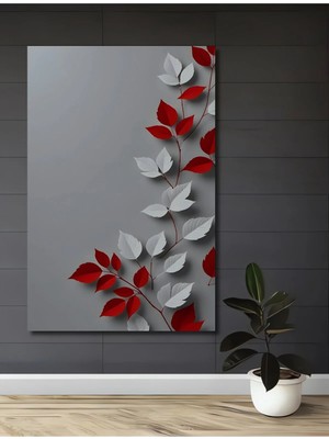 Çetin Kardeşler Çetinkardeşler Kırmızı Beyaz Yaprak Dalı Modern Ahşap Dekoratif Duvar Tablosu Bitki Salon Dekoru Hediyelik