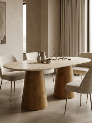 Miarik Design Traverten Ahsap Gamsa Mermer Yemek Masası