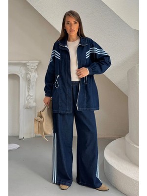 Hatun Atila Kadın Çizgili Şeritli Beli Büzgülü Denim Ceket Pantolon Ikili Takım 9154 - Lacivert
