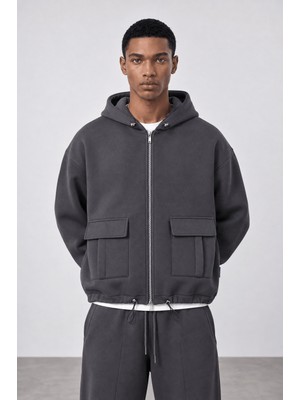 Respire Erkek Cep Detaylı Panda Oversize Zip Füme