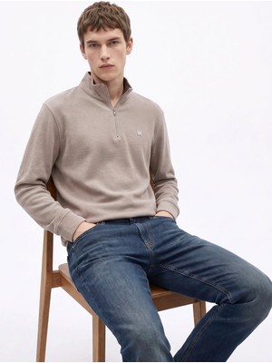 Wrangler W2620081 Bej Melanj Erkek Dik Yaka Regular Fit Triko Sweatshirt