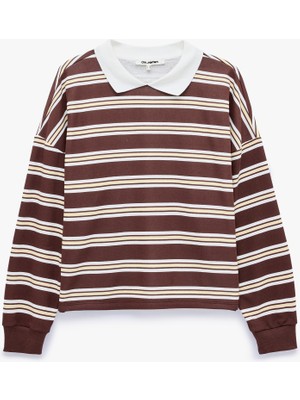 Koton Rahat Kalıp Uzun Kollu Çizgili Polo Yaka Sweatshirt