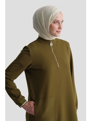 Armine Cep Detaylı Basic Tunik Yağ Yeşili