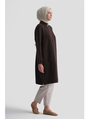 Armine Cep Detaylı Basic Tunik Kahverengi
