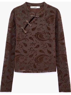 Koton Slim Fit Mandarin Qipao Yaka Düğmeli Uzun Kollu Tül Tişört