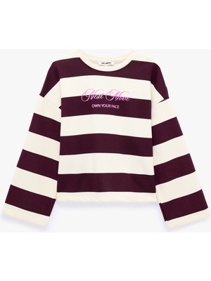 Koton Rahat Kalıp Uzun Kollu Bisiklet Yaka Arkası Baskılı Çizgili Sweatshirt