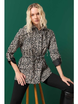 Selen Beli Büzgülü Kapüşonlu Leopar Desen Trençkot  /  Gri