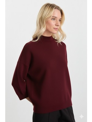 Selen Dik Yaka Truvakar Kol Triko Bluz  /  Bordo