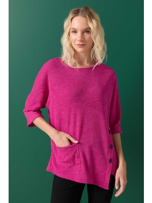 Selen Yanı Düğmeli Cepli Triko Bluz  /  Pembe