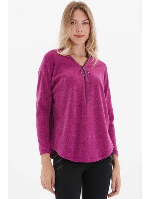 Selen Önü Fermuarlı Büyük Elcikli Triko Bluz  /  Pembe