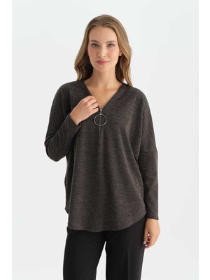 Selen Büyük Elcikli Düşük Kol Bluz  /  Kahve