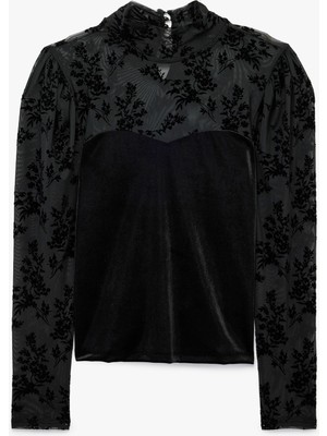 Koton Slim Fit Uzun Kollu Dik Yaka Korse Detaylı Transparan Kadife Bluz