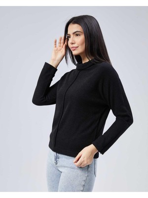 Selen Yakası Katlamalı Kolu Fermuarlı Triko Bluz  /  Siyah