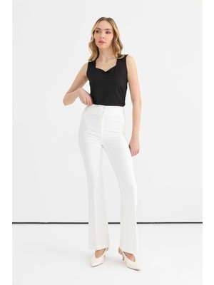 Selen Beli Lastikli Ispanyol Paça Pantolon  /  Ekru