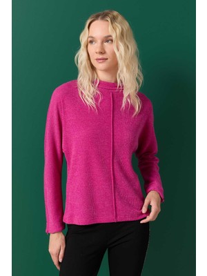 Selen Yakası Katlamalı Kolu Fermuarlı Triko Bluz  /  Pembe