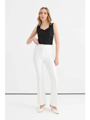 Selen Beli Lastikli Ispanyol Paça Pantolon  /  Ekru