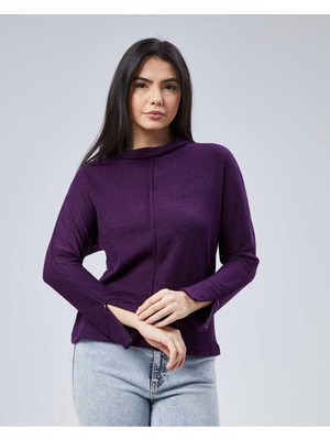 Selen Yakası Katlamalı Kolu Fermuarlı Triko Bluz  /  Mor