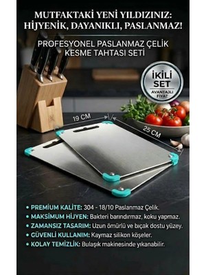 Cgs Home 2 Adet Paslanmaz Çelik Kesme Tahtası (Silikon köşeli)(Gömme AYAKLI)(304 Kalite)-(Patentli) Antibakteriyel