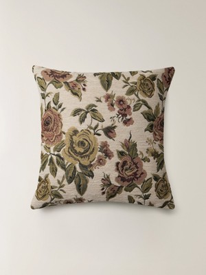 Minihol Rosery Çiçek Desenli Bej Kırlent Kılıfı (45 x 45 Cm)