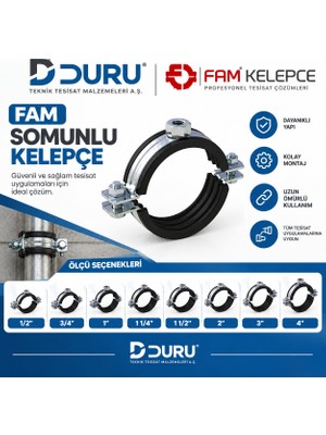 Duru Fam Somunlu Kelepçe – Kauçuk Contalı Boru Kelepçesi | Tesisat Boru Sabitleme Kelepçes