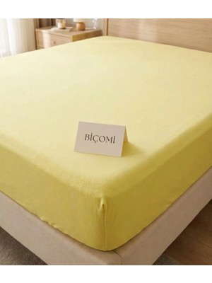 Biçomi Kayma Yapmayan %100 Doğal Pamuk Penye Battal Boy Lastikli Çarşaf (200X200 cm - Güneş Sarısı)