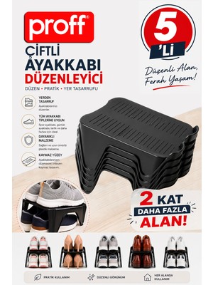 proff 5'li Ayakkabı Düzenleyici Siyah Rampa Dolap Içi Yer Tasarruflu Çiftli Ayakkabılık Organizer