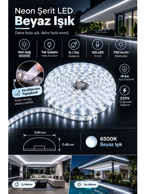 Ema Dükkan Kendinden Yapışkanlı 220V Şerit LED Beyaz Işık 6500K - Metrede 120 LED 750 Lümen Mutfak Tezgah Altı, Kartonpiyer Tavan ve Dış Cephe LED