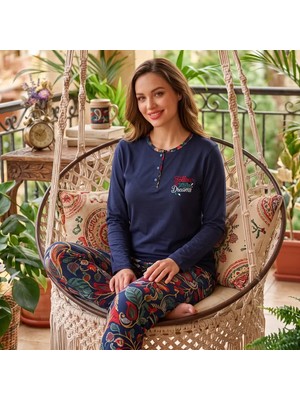 Kadın Pijama Takımı Penye Lacivert Desen Detaylı Düğmeli  | Kapitex S-M Beden