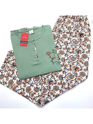 Kapitex Pamuklu Düğme Detaylı Uzun Kollu Kadın Pijama Takımı - Kiremit Yeşil - Xxl Beden