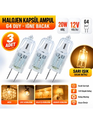 Nsl 20W 12V G4 Duy Iğne Bacak Sarı Işık Halojen Kapsül Ampul 3 Adet