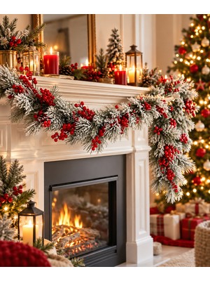 Ecrella 180 cm Karlı Yılbaşı Çam Dalı Garland – Kırmızı Kokina ve Kozalaklı Dekoratif Yılbaşı Süsü  🎄 Açıklama