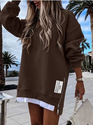 Afri Kadın Oversize Sweatshirt Yan Fermuar Detaylı Uzun Kollu Kahverengi Tunik