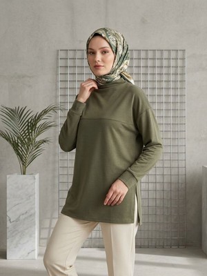 Miostil Yarım Yaka Ön Robalı Yırtmaçlı Tunik-Haki