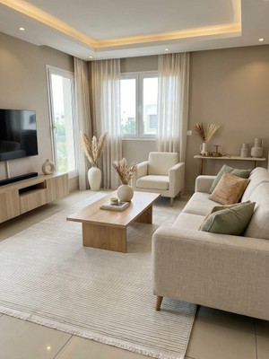 Ikra Serisi Bej Krem Çizgili Modern Halı | Özel Ölçü Salon Lüksü | Sultan Halı