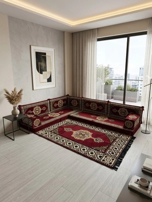 Bakırözü Home Güneş Modeli Bordo Otantik Şark Köşesi Takımı – L Set - Geleneksel Yer Minderi Seti (10 cm Minder Kalınlığı) 10 Parça